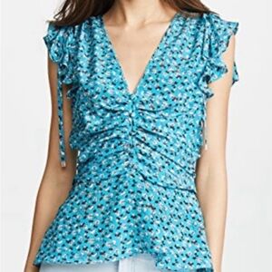 Veronica Beard Turquoise Blue Floral short sleeve Sz 2 XS S Silk Blouse EUC